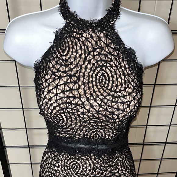 LIPSY LONDON X LOVE MICHELE KEEGAN BLACK LACE BODY CON HALTER DRESS 2 - Picture 2 of 4